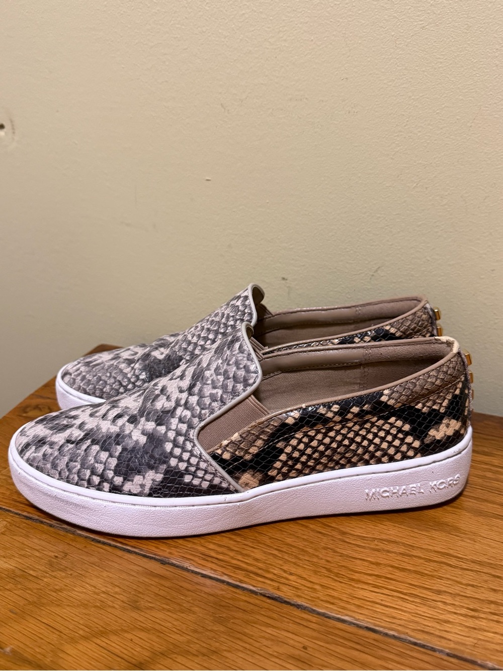 Michael Kors Slip-On Snake-Print Sneakers in Gray and Tan